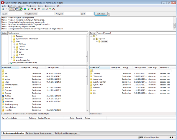  Connection to transfer-node, established with FileZilla