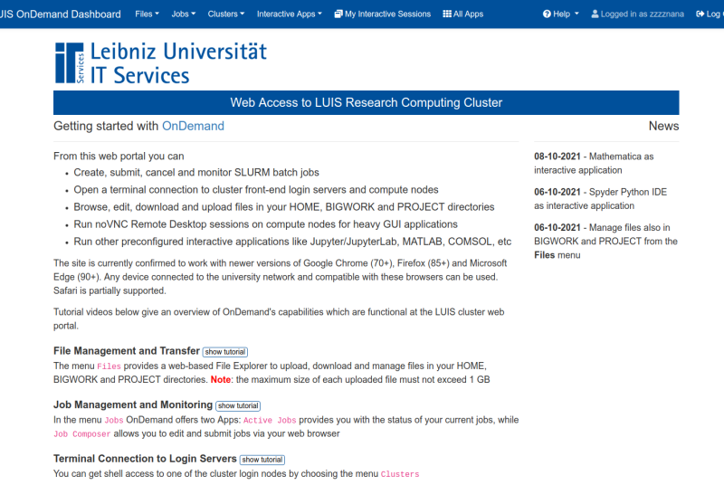  Cluster web portal dashboard page