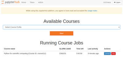 JupyterHub courses menu page.