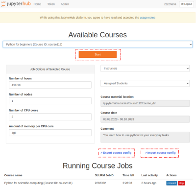 Settings of the selected course.